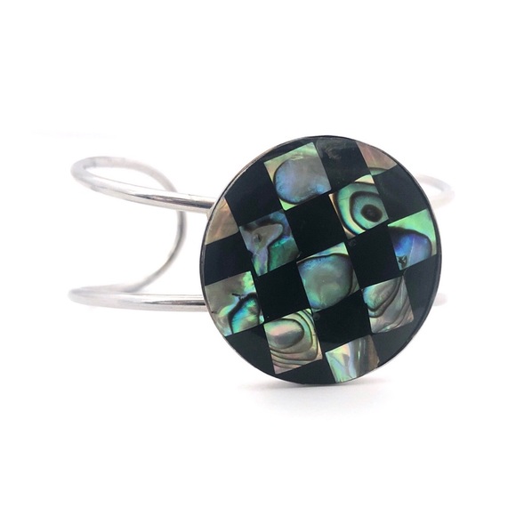 Jewelry - Vtg Abalone Shell Onyx Checker Inlay Cuff Bracelet